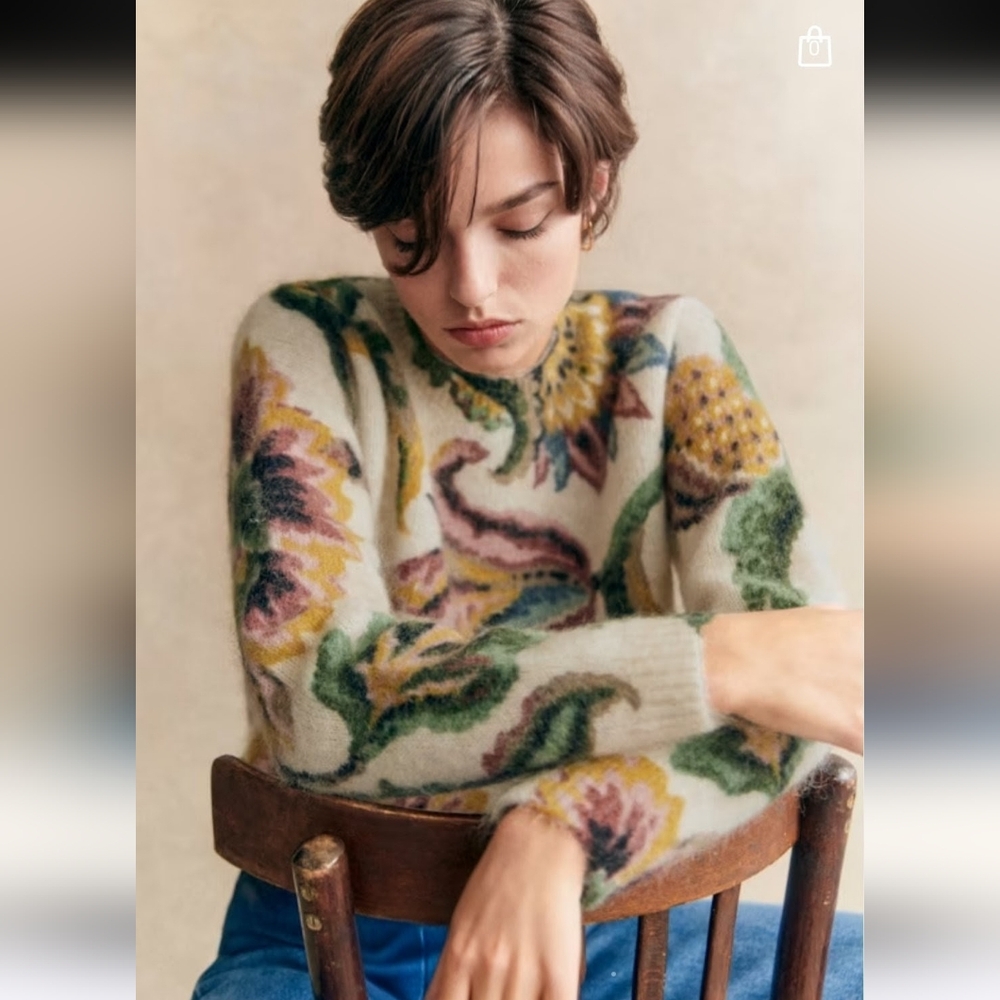 SÉZANE Daphné Mohair Knit Yellow Floral Ecru Crew Neck Sweater Like New XL